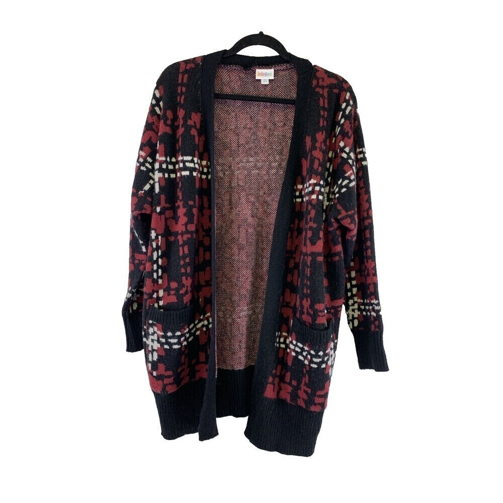 BOGO LuLaRoe Peyton Sweater Cardigan Pockets Open Front Black Red Pattern XL